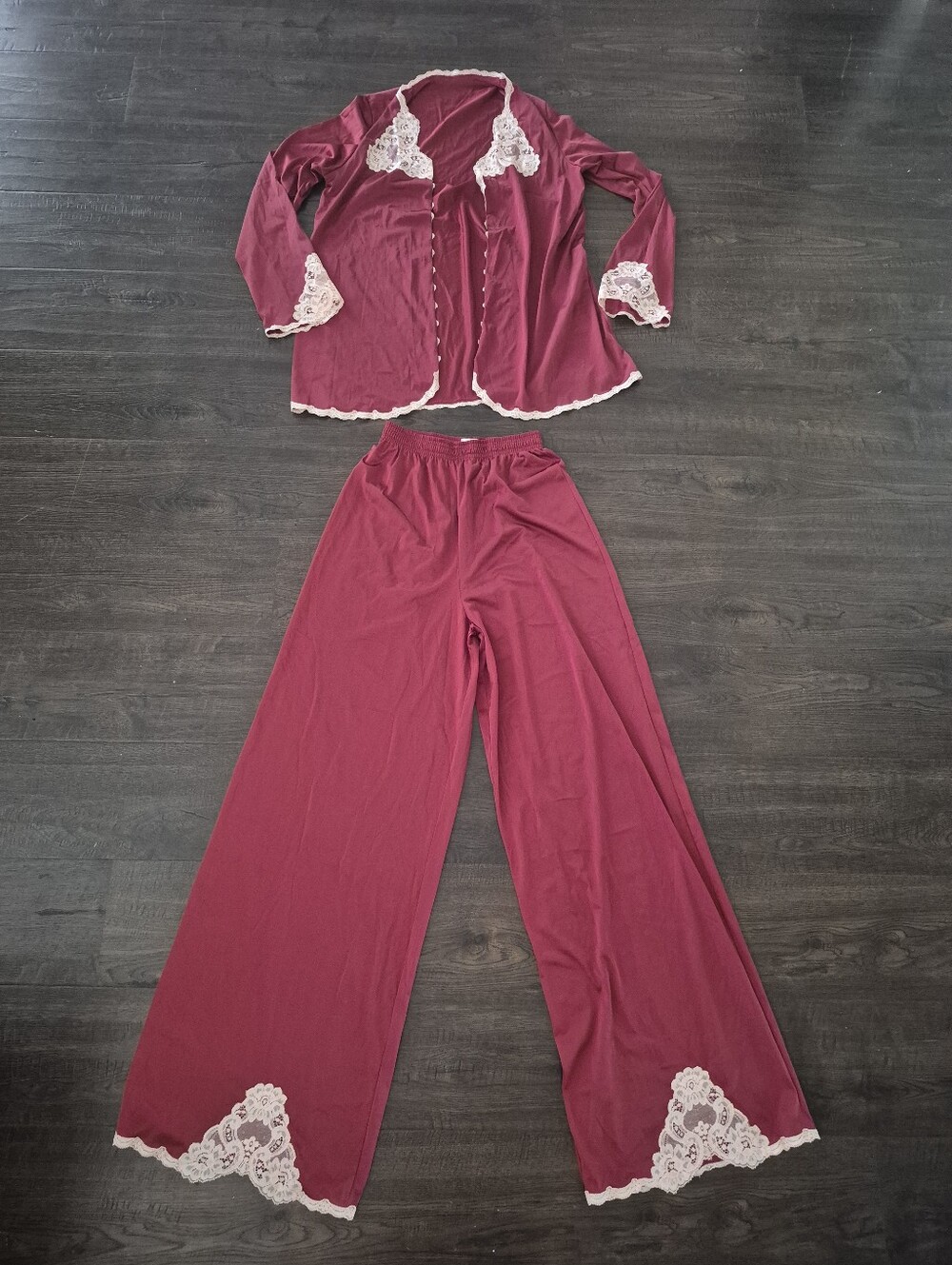 Vintage 1960s Vanity Fair Nylon Pajama Set in Burgundy and Beige with Lace Trim
